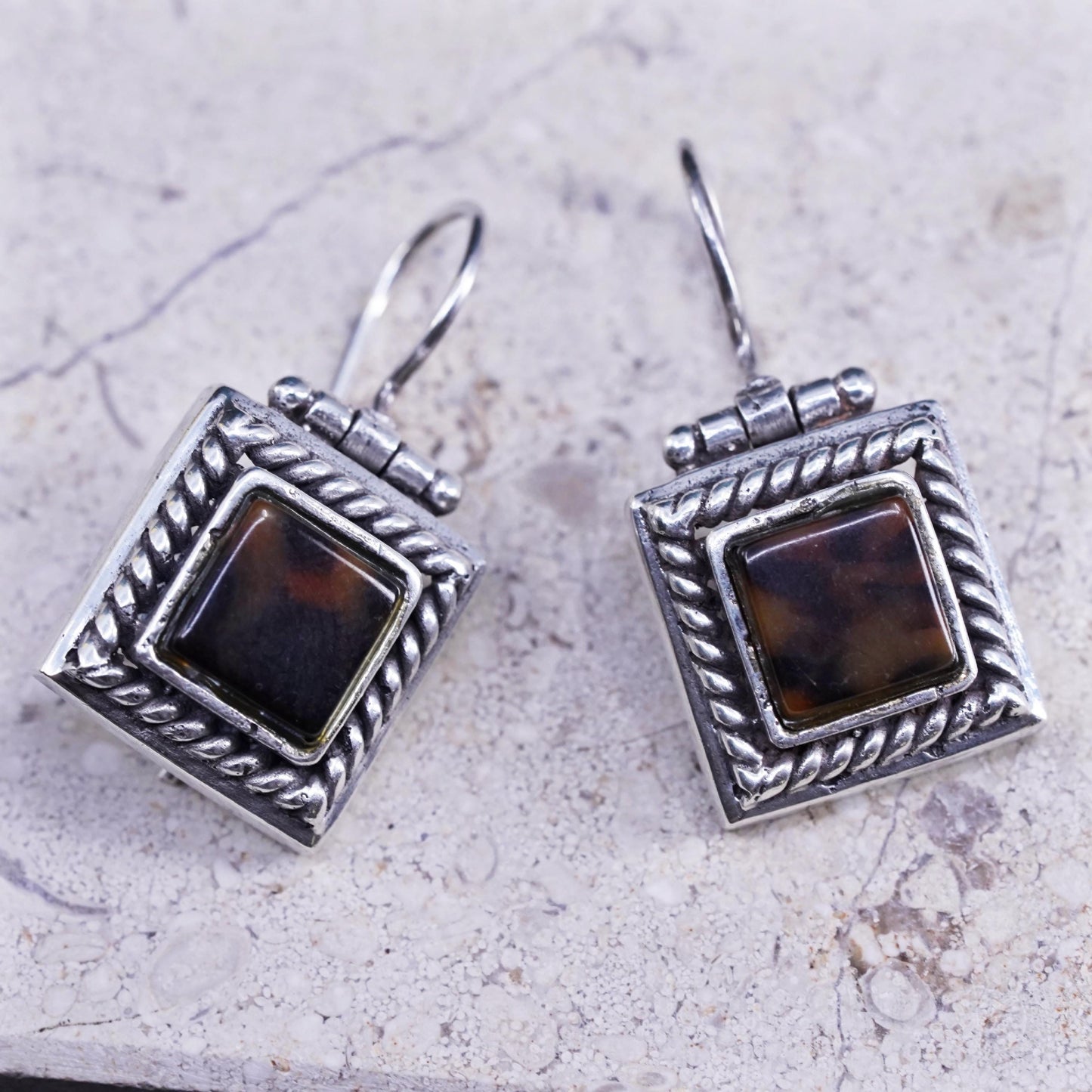 Vintage sterling 925 silver handmade square earrings with amber inlay