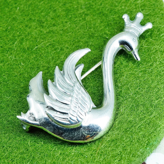 Vintage Lang sterling silver handmade brooch, huge 925 swan bird pin