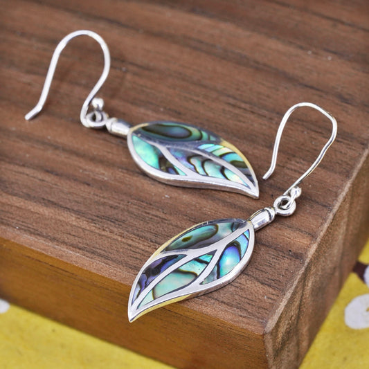 Vintage Sterling 925 silver handmade leaf earrings with abalone inlay