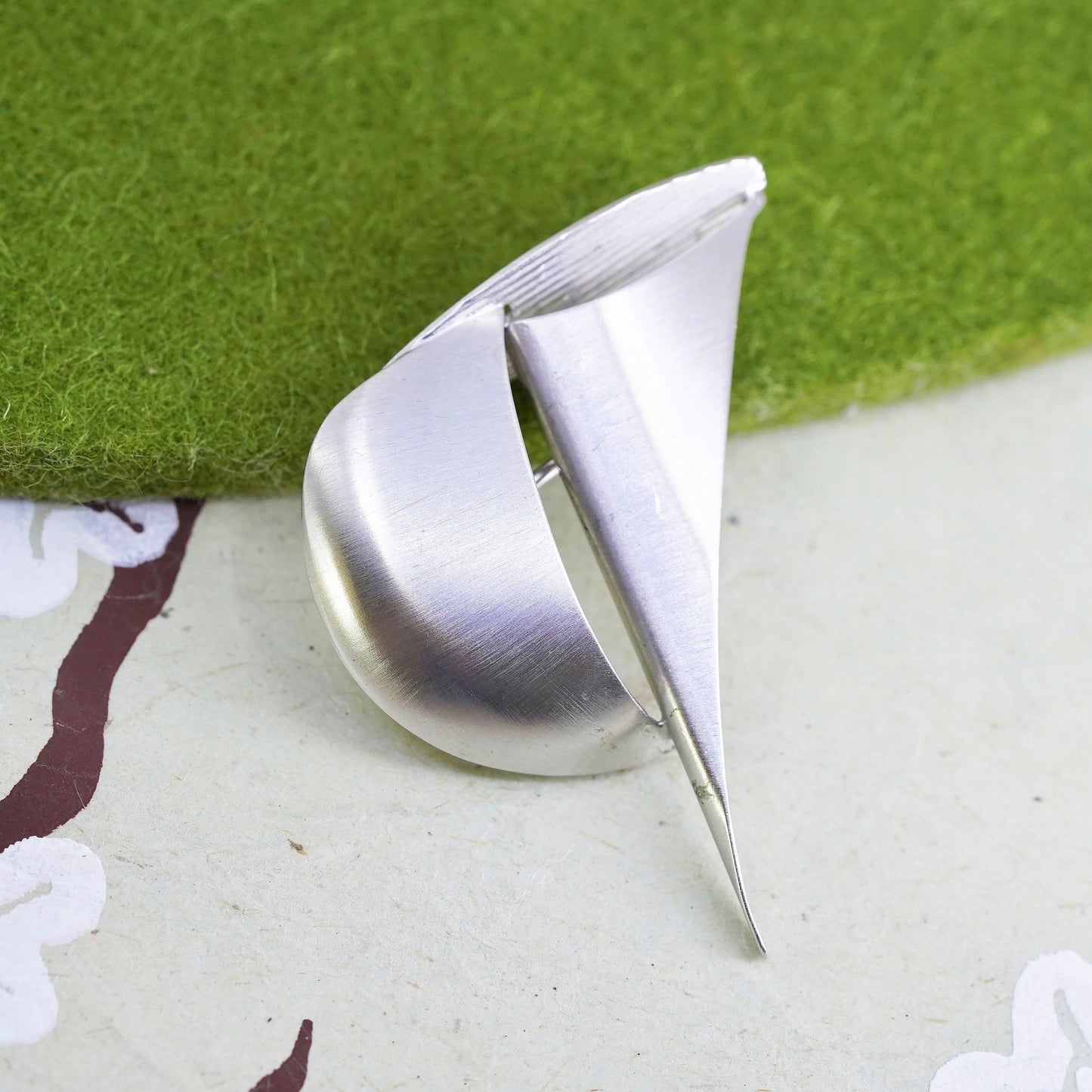 Vintage sterling silver handmade pin, matte 925 sailing boat brooch