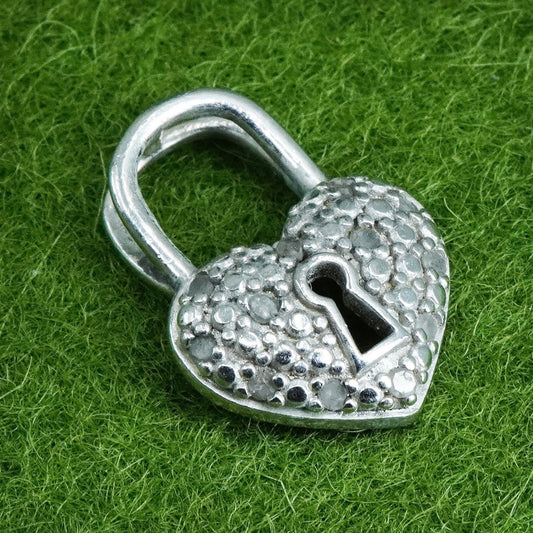 vintage Sterling silver Pendant, 925 heart lock with real diamond