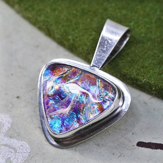 Vintage sterling silver with handmade triangular dichroic foiled glass pendant