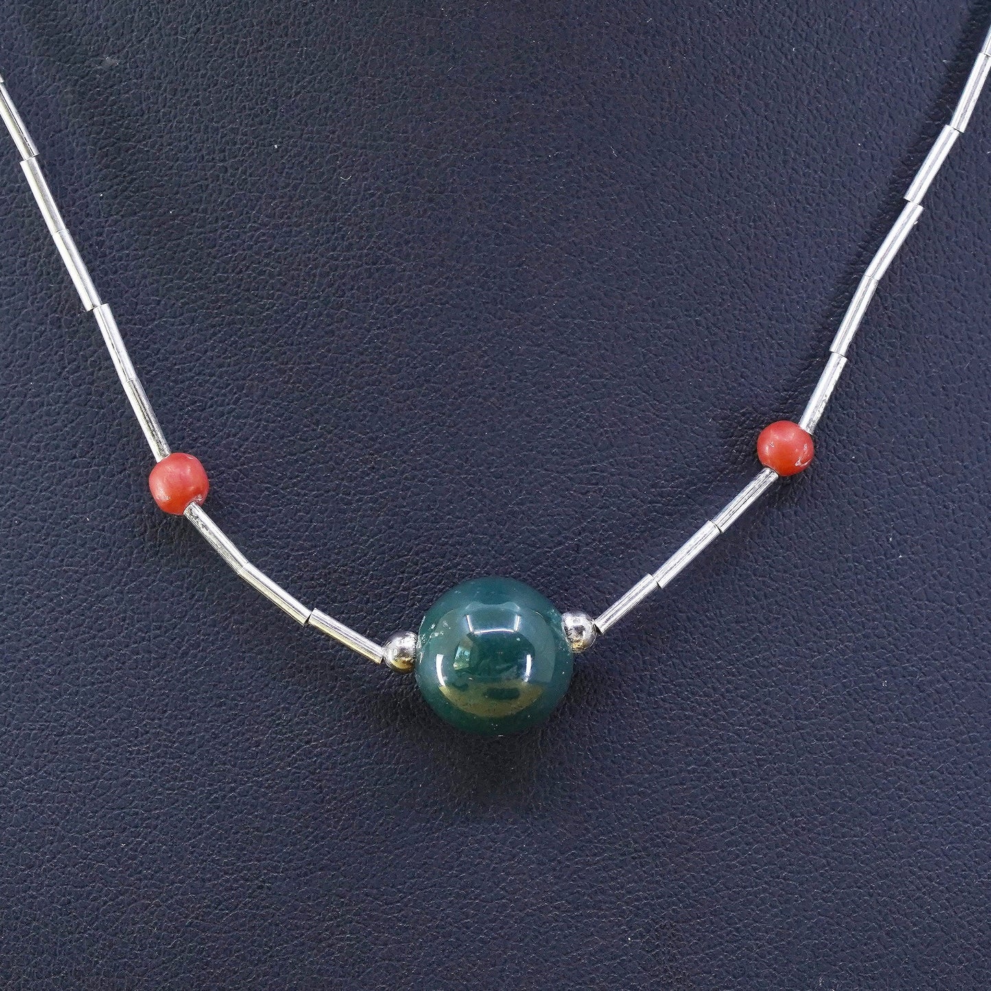 16” Vintage Sterling 925 handmade liquid silver necklace with jade beads