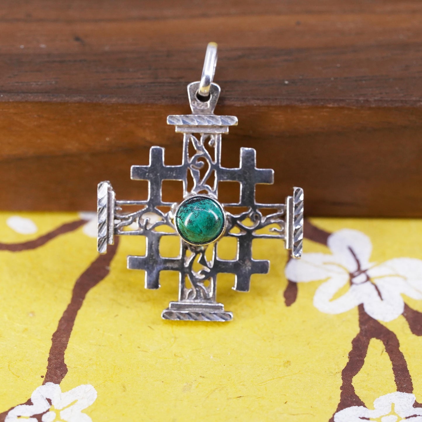 Vintage Sterling silver handmade pendant, 925 Jerusalem cross with turquoise