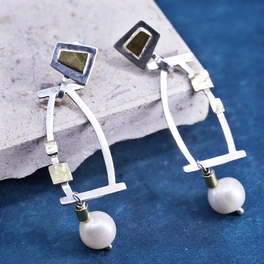 two tone sterling silver earrings, modern 925 silver with brass disc and pearl