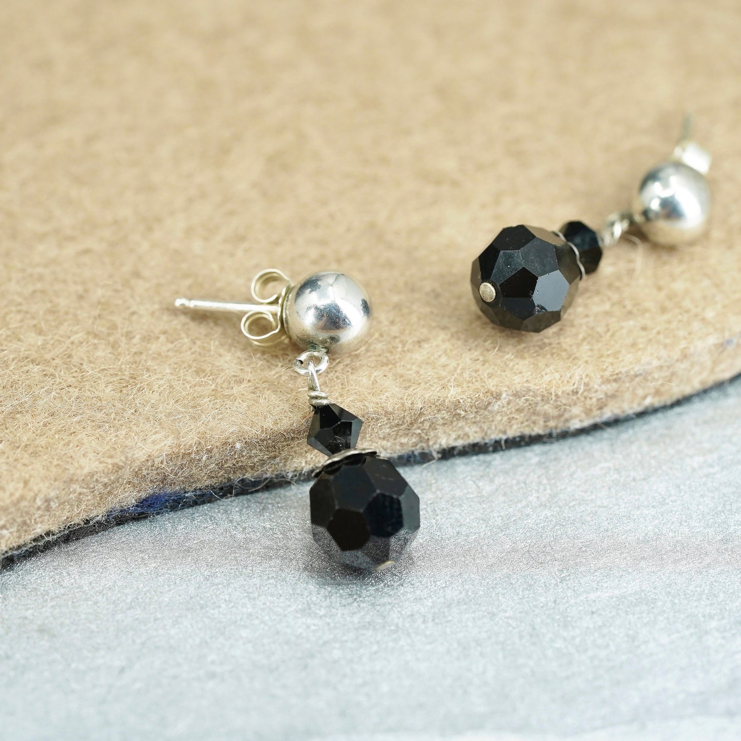 Vintage Sterling 925 silver handmade earrings with obsidian beads