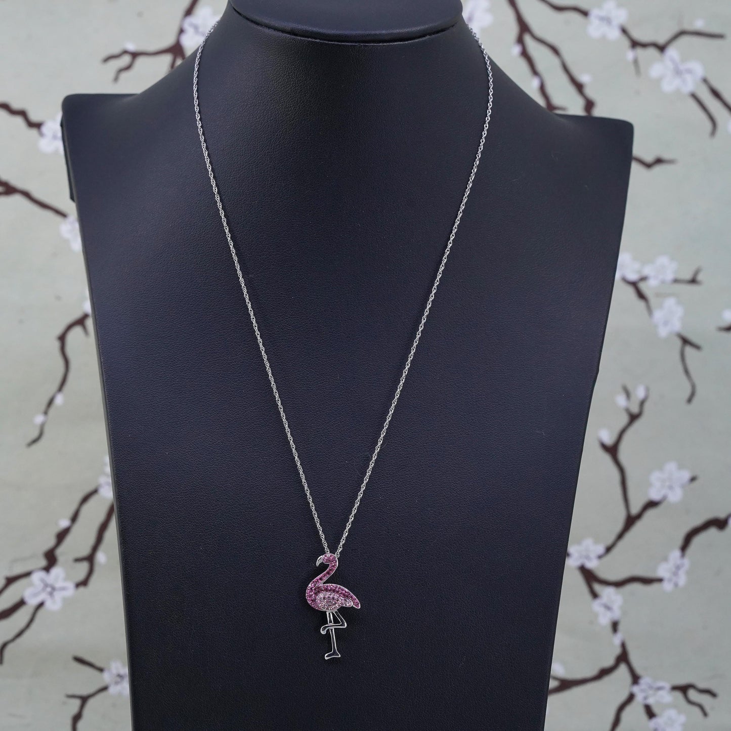 18", AU Sterling 925 silver circle necklace pink crystal flamingo bird pendant