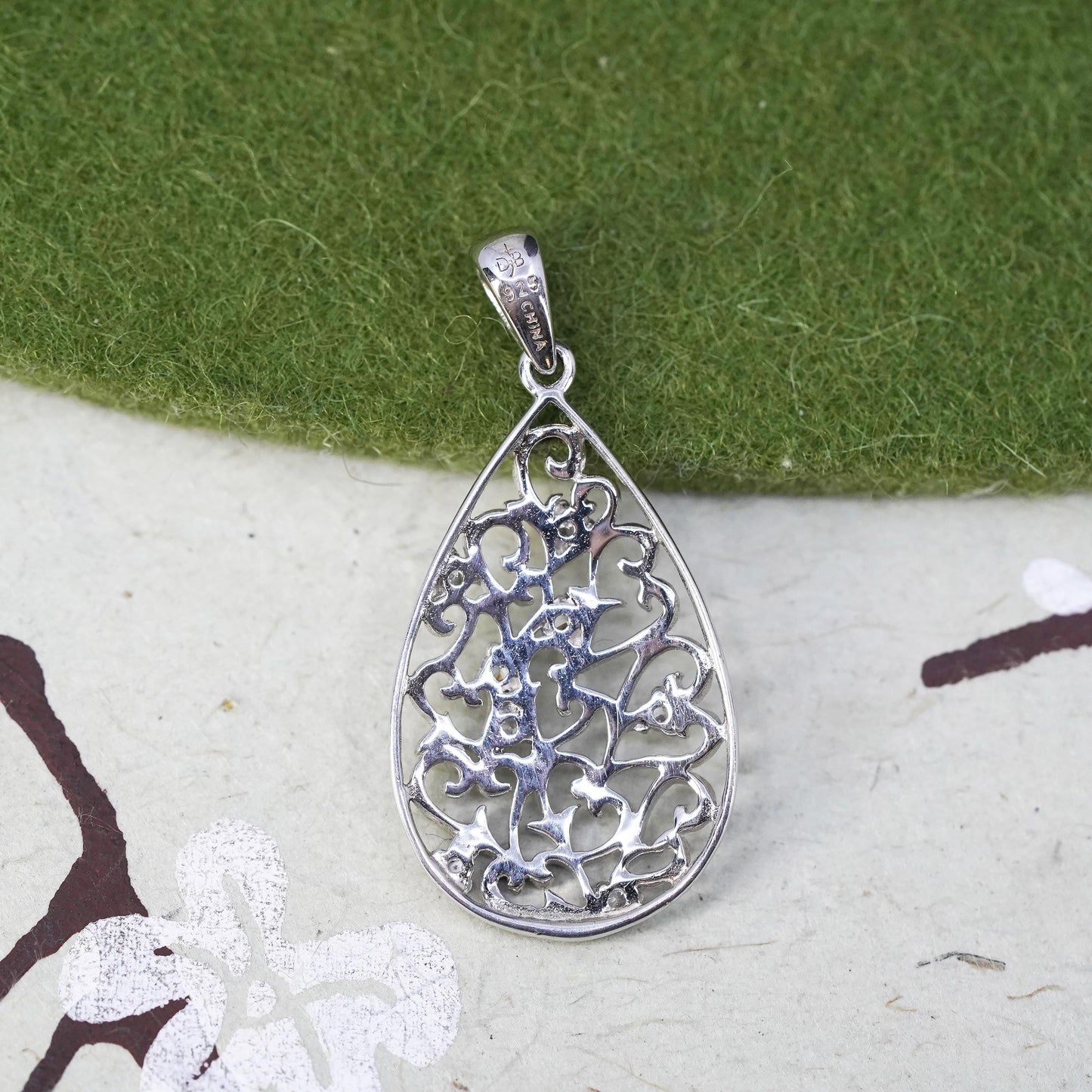 Vintage sterling silver pendant, 925 filigree teardrop with cz