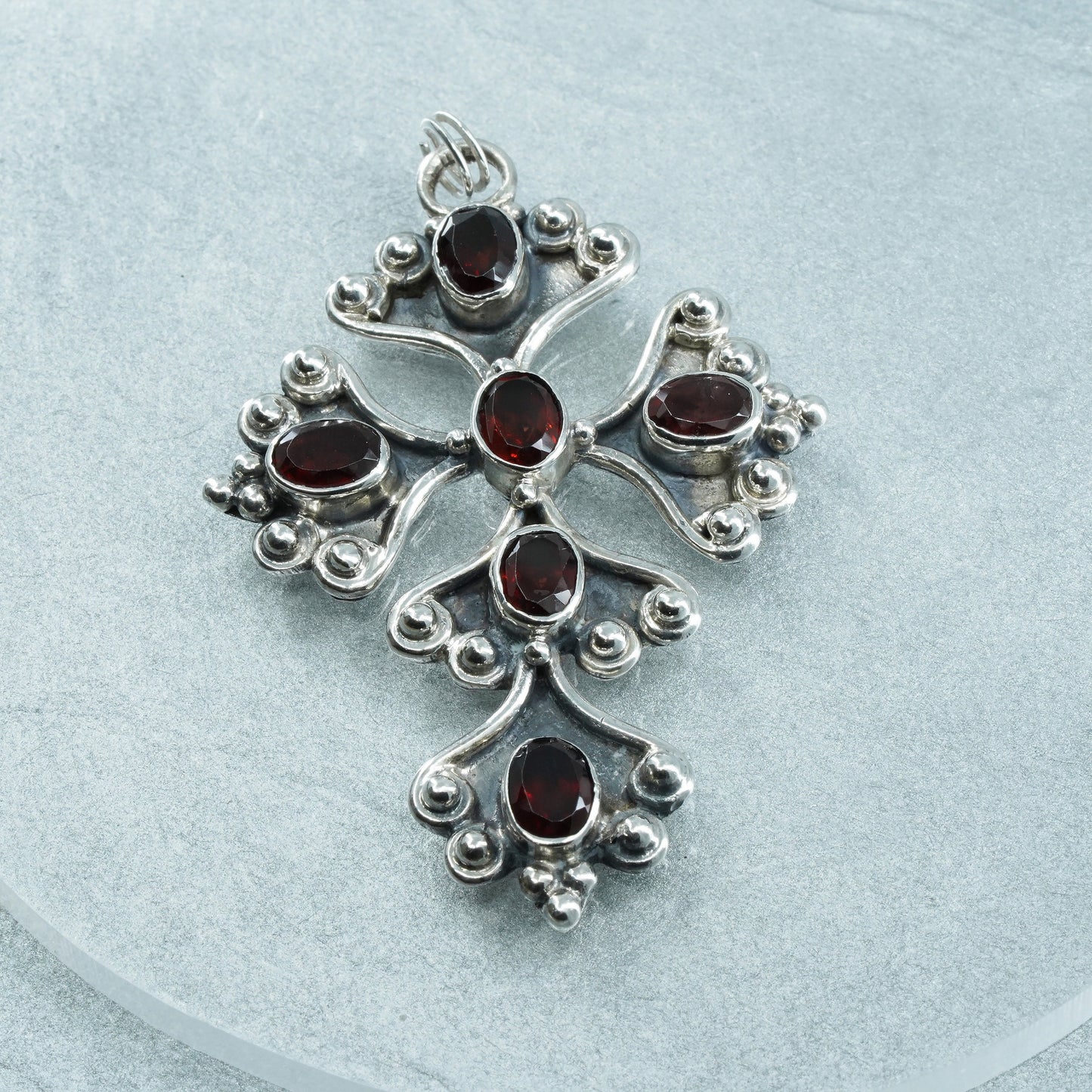 Vintage sterling 925 silver cross pendant with ruby and beads