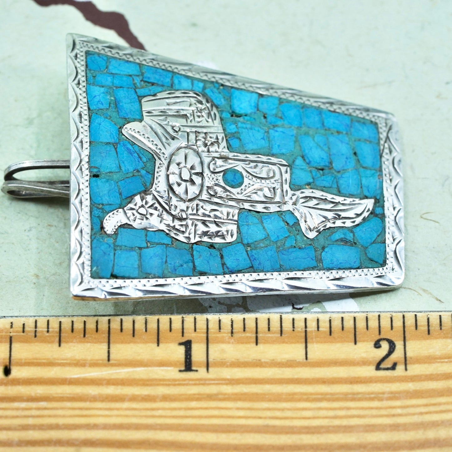 Vintage Mexico sterling silver 925 handmade pendant with saddle turquoise inlay