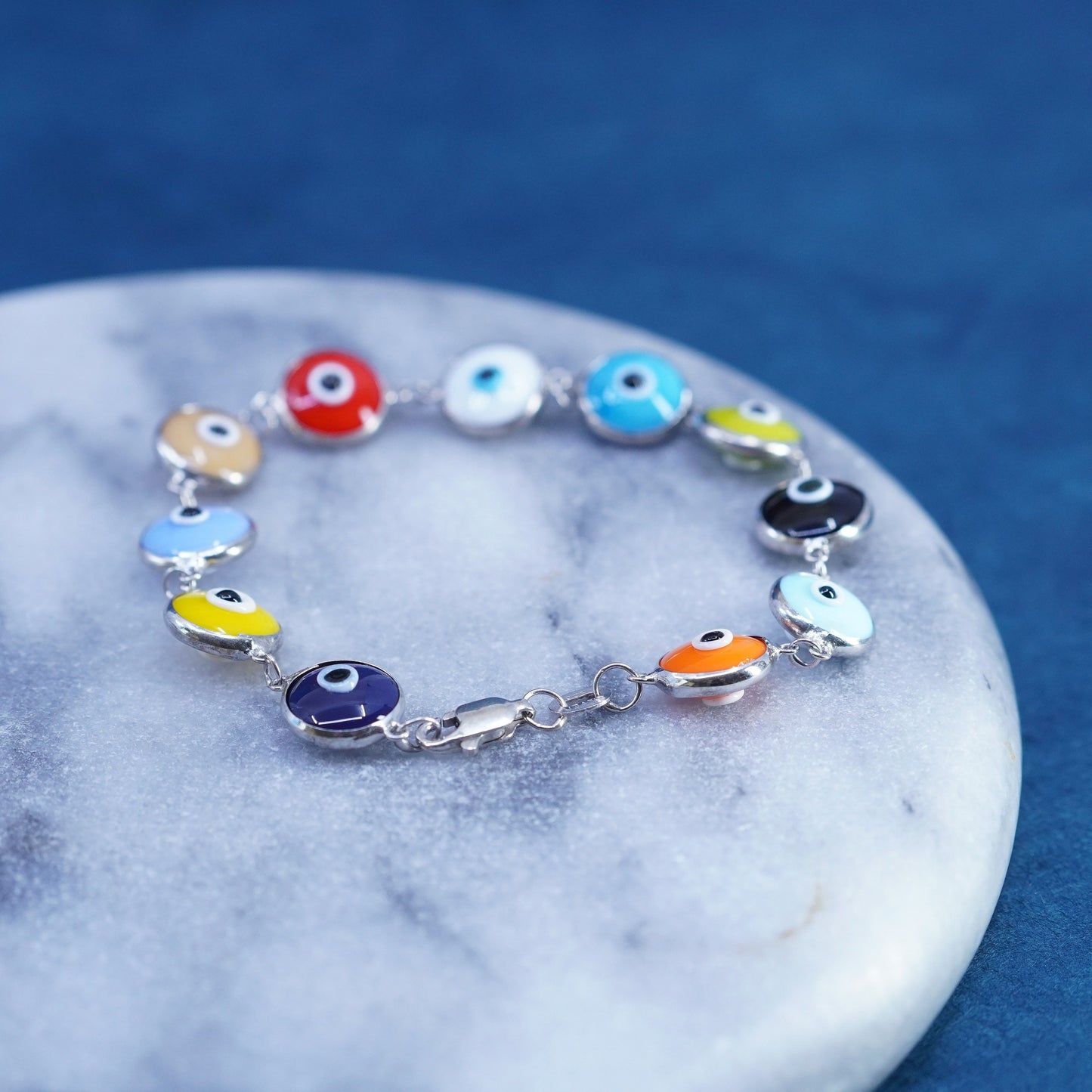 7”, Vintage handmade sterling silver bracelet, colorful glass evil eye beads