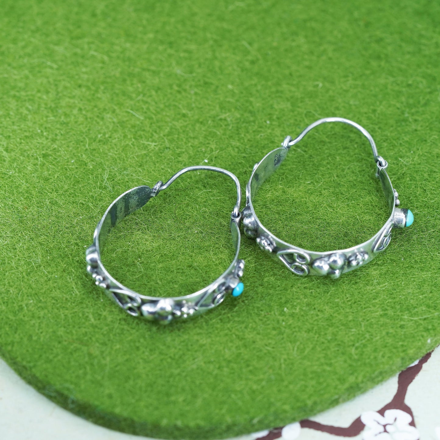 1.5", Vintage Shube sterling silver earrings, 925 hoops huggie with turquoise