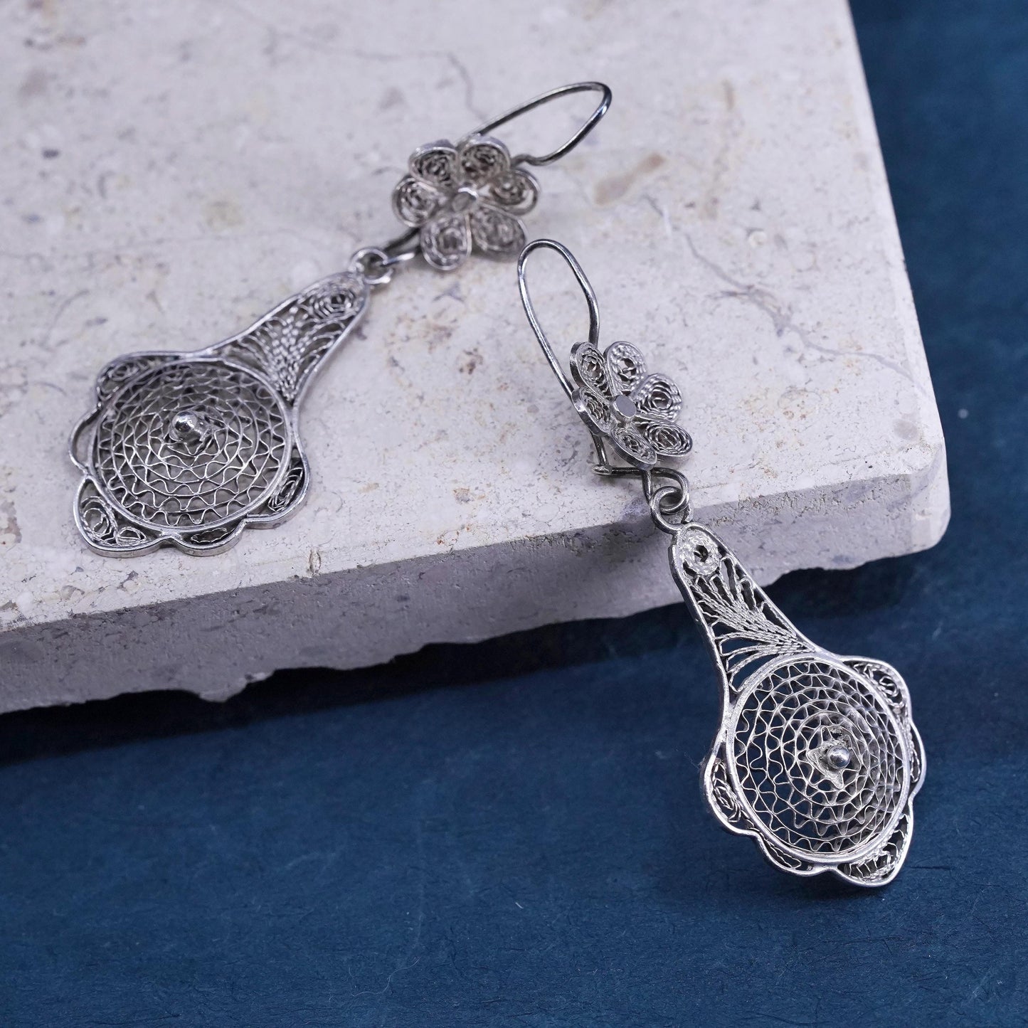 Vintage sterling silver handmade earrings, 925 filigree flower teardrop dangles