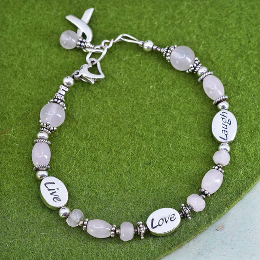 7.25", Sterling 925 silver breath cancer survivor bracelet “live love laugh”