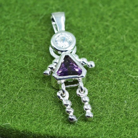 Vintage sterling 925 silver birthstone pendant with amethyst girl figure charm