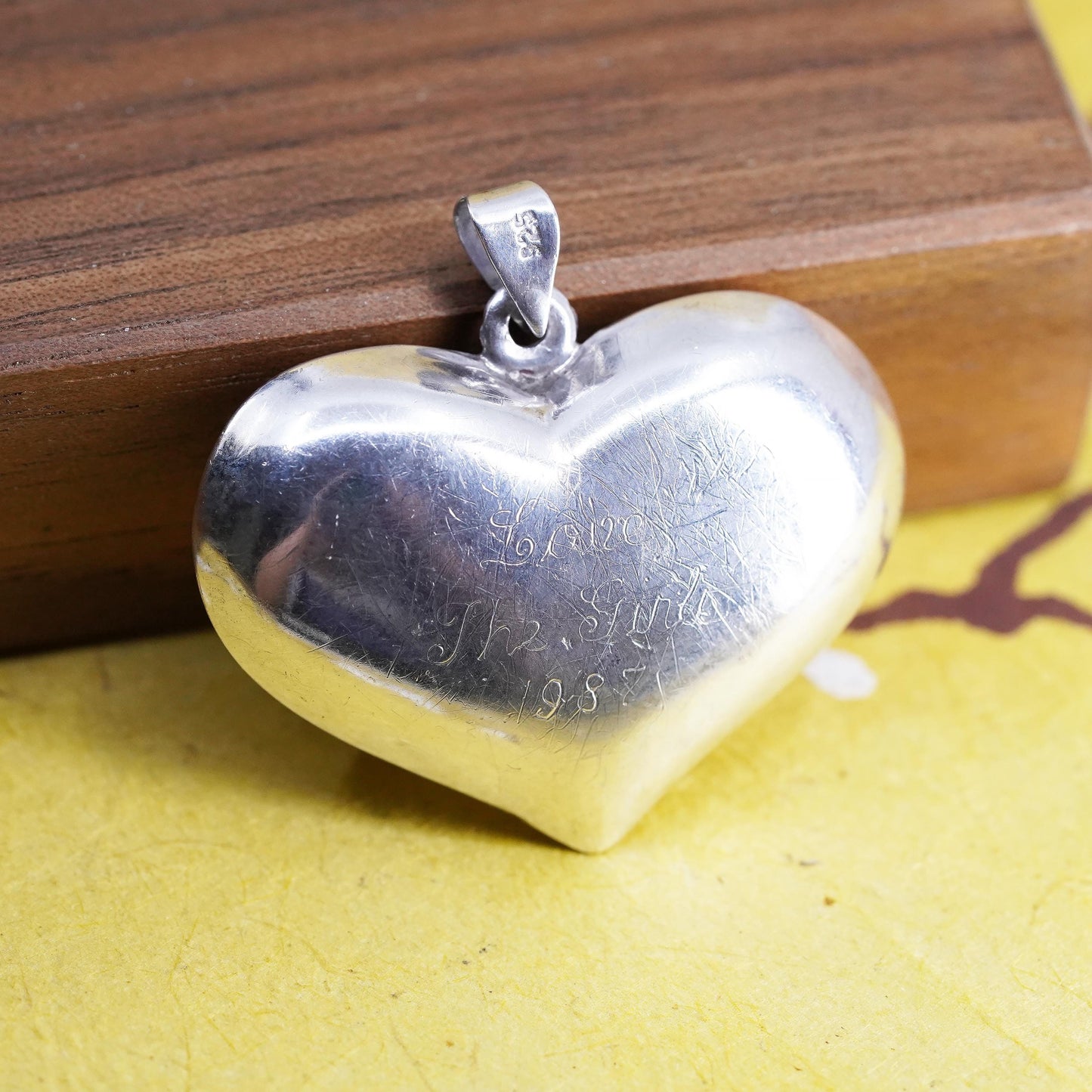 VTG Sterling silver heart pendant, puffy 925 heart engraved “happiness always”