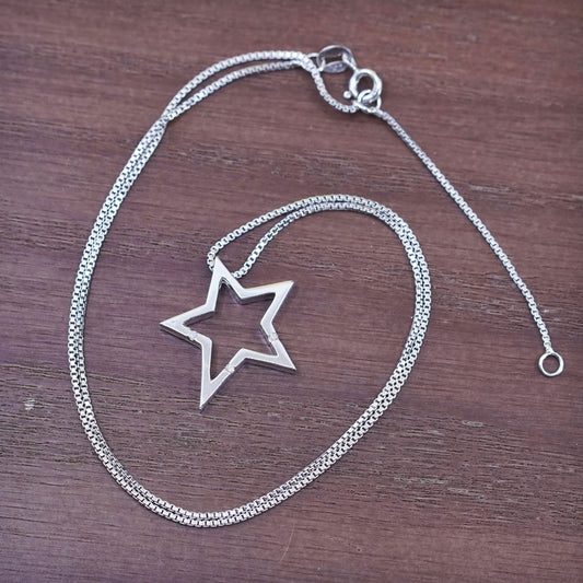 16+2”, vintage sterling 925 Silver box chain necklace with star pendant and cz