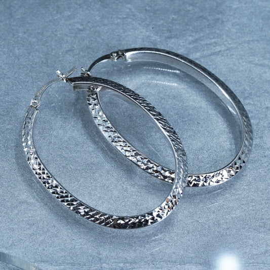 1.75”, vintage Sterling silver handmade earrings, 925 textured oval hoops