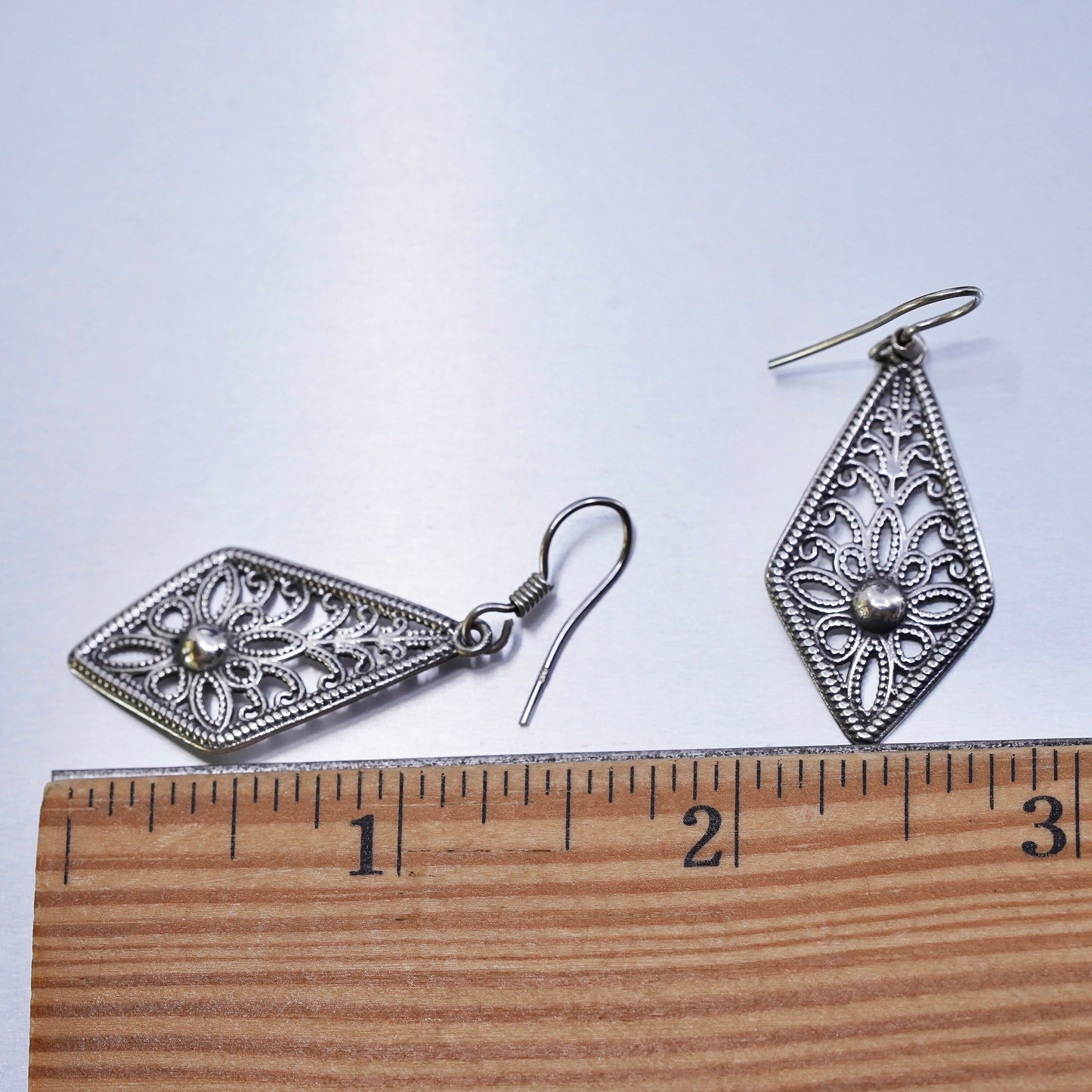 Vintage Sterling 925 silver handmade diamond shaped filigree earrings