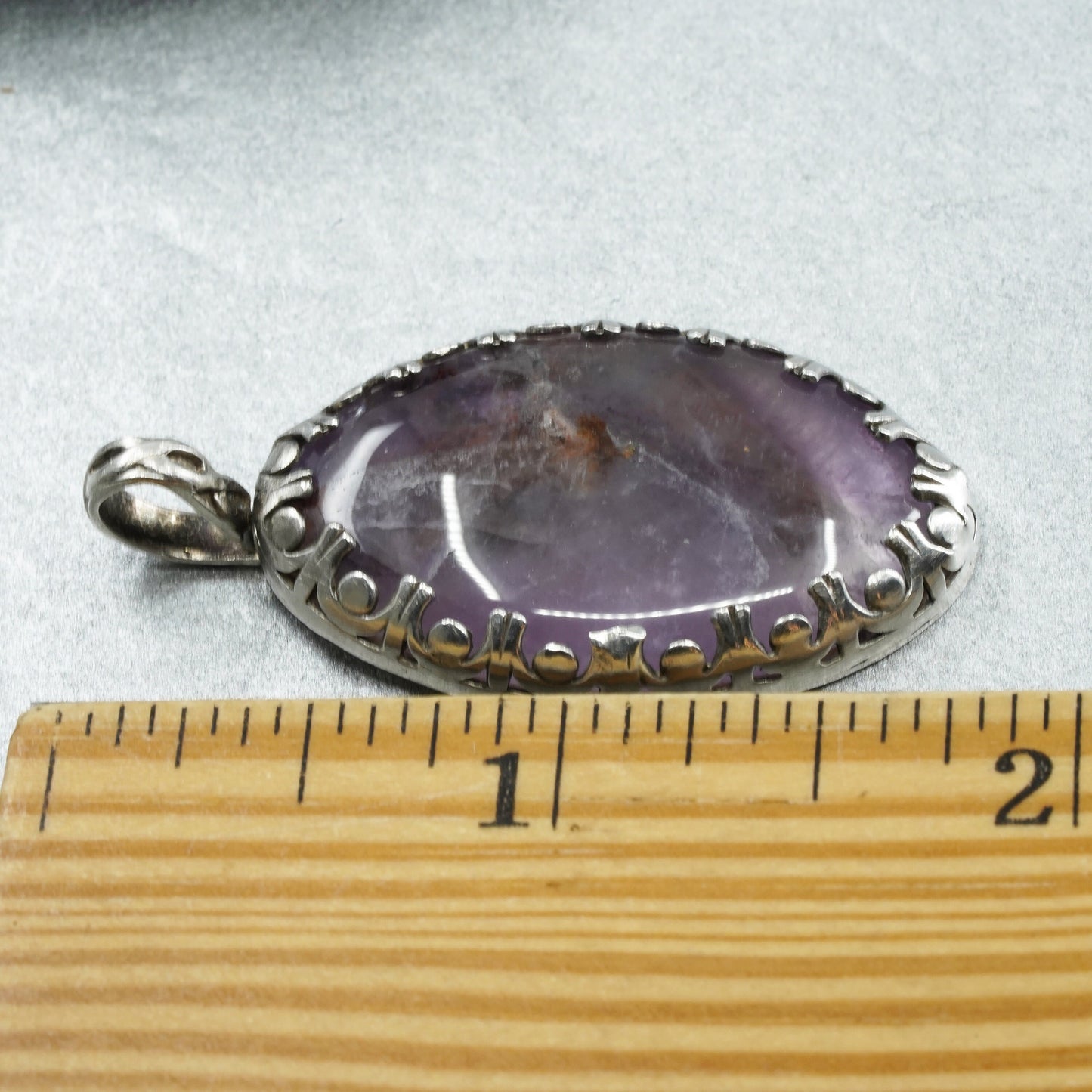 Vintage W fine silver 999 handmade oval pendant with amethyst