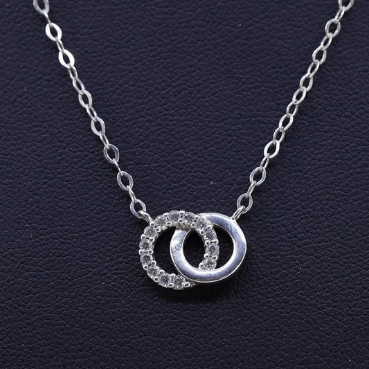 16", 1mm, sterling silver flatten chain necklace entwined circle pendant cz