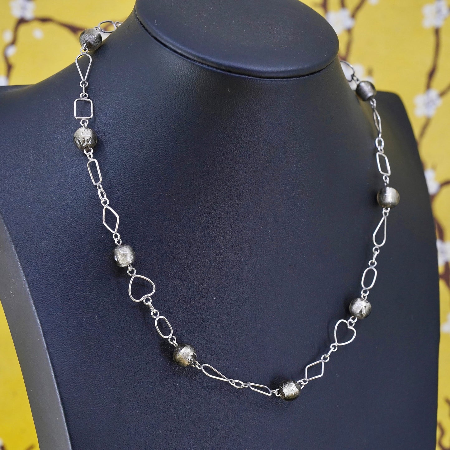 16", vintage sterling silver handmade necklace, 925 link chain with gray glass