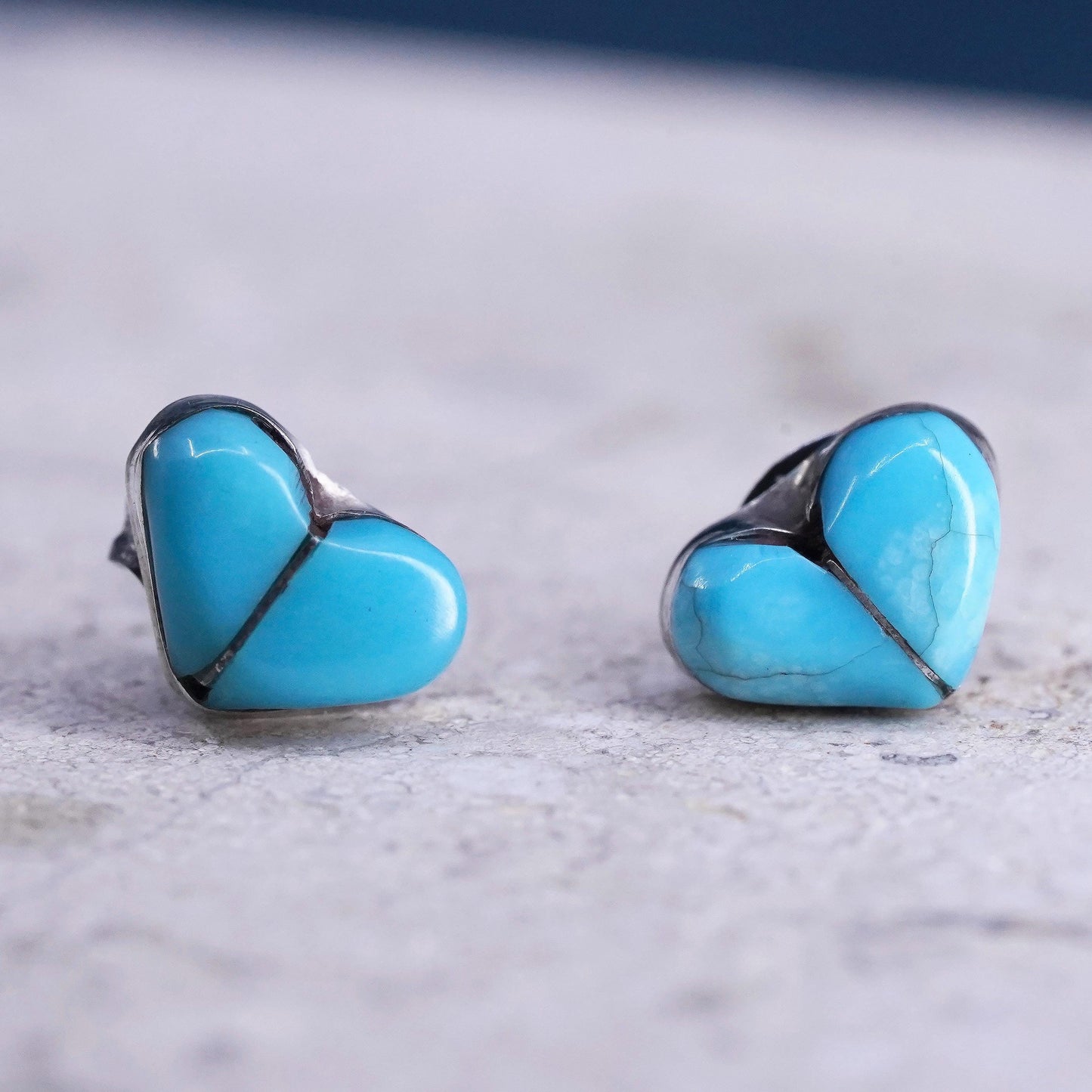 southwestern Sterling silver handmade earrings, 925 heart studs turquoise