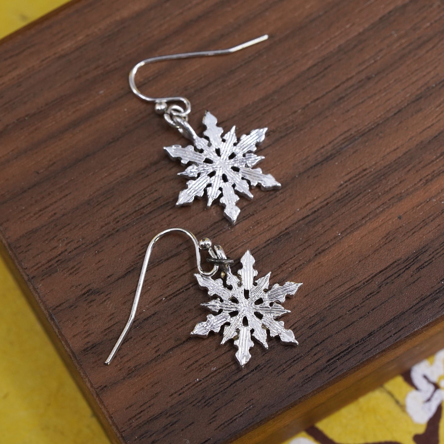 Vintage Sterling silver handmade earrings, 925 snowflake drops with cz