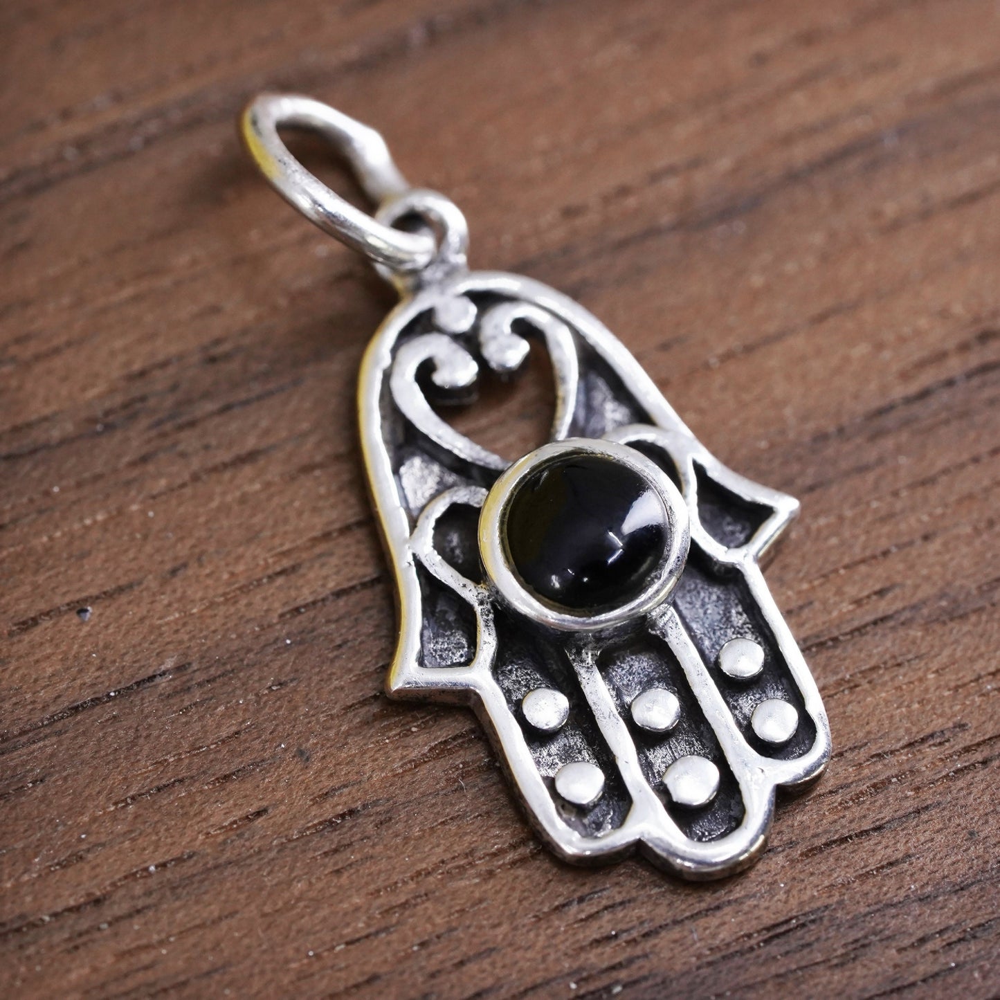 Vintage Sterling 925 silver handmade hamsa healing hand charm pendant with onyx