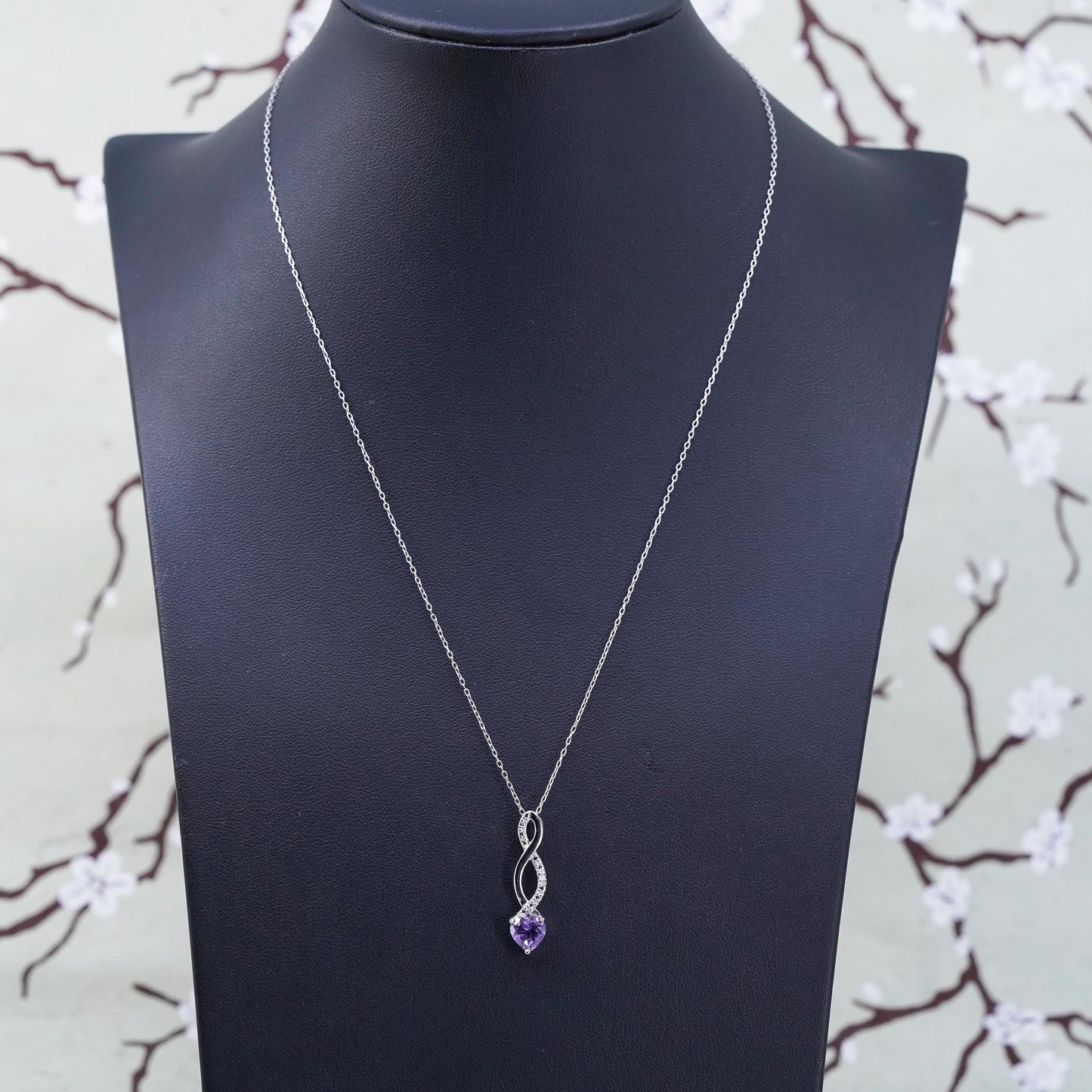 18" 1mm, sterling silver necklace, 925 circle chain with heart amethyst pendant