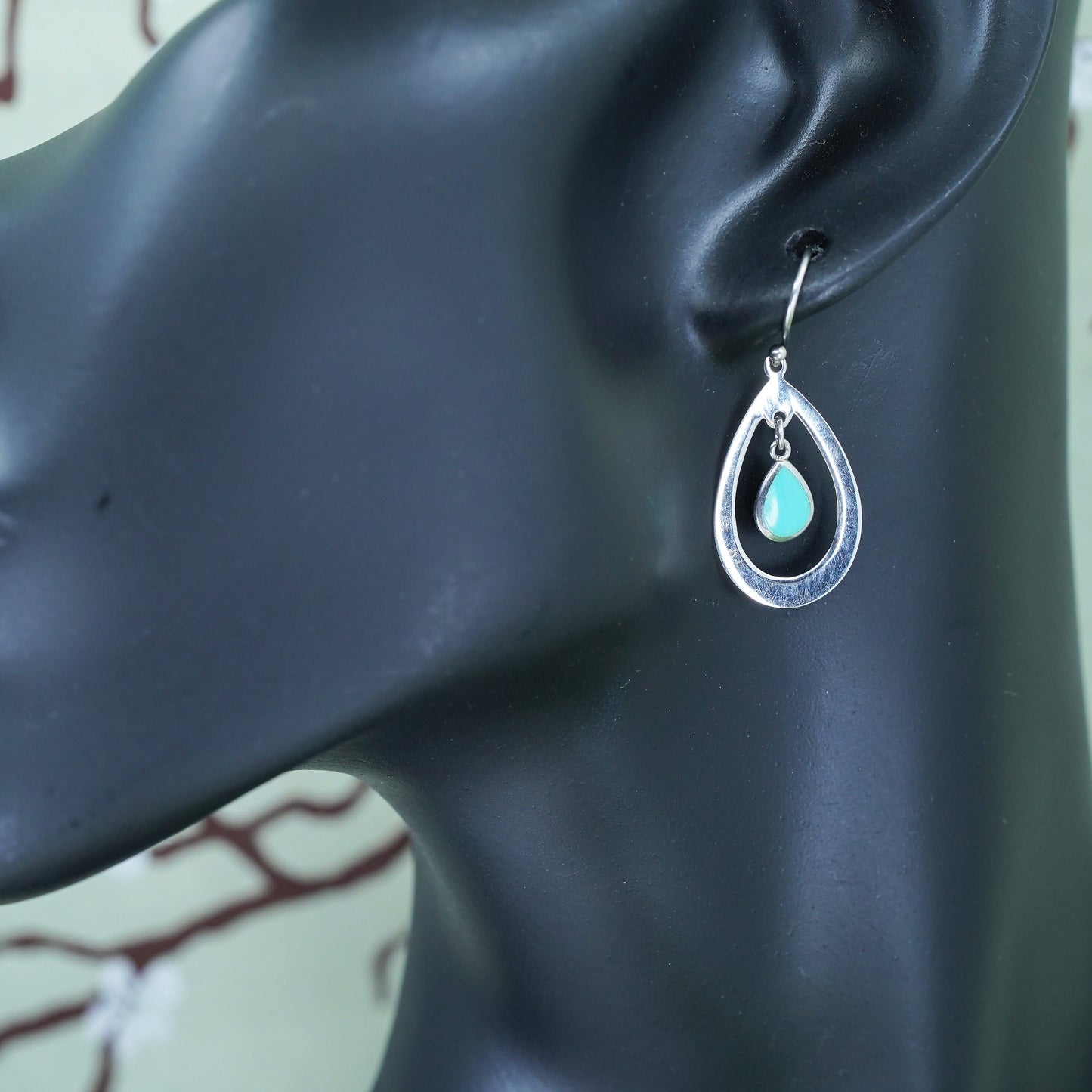 Vintage sterling 925 silver handmade earrings with teardrop turquoise