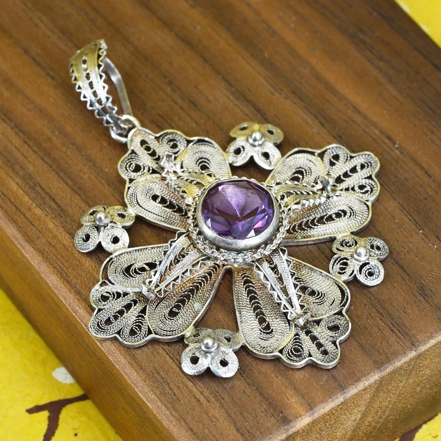 Sterling silver handmade pendant, 925 Jerusalem filigree cross with amethyst