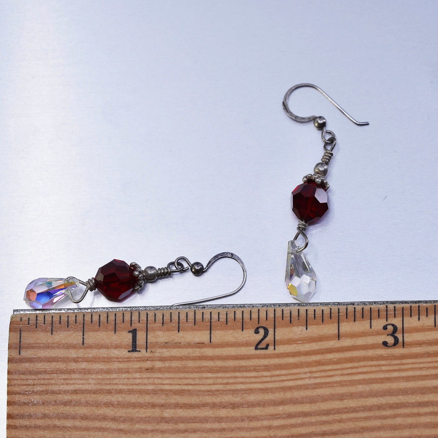 Vintage Sterling 925 silver earrings with ruby and teardrop crystal