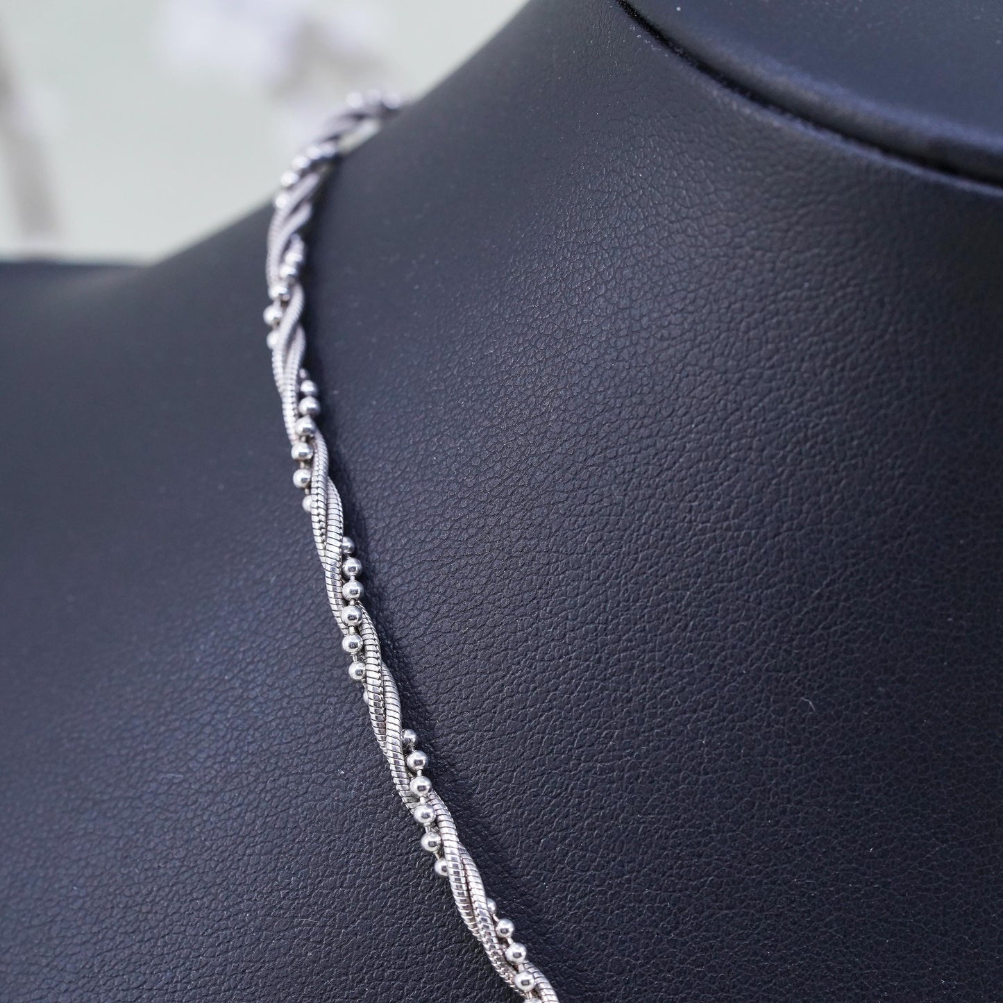 14", Vintage sterling silver twisted snake beads choker collar, 925 necklace