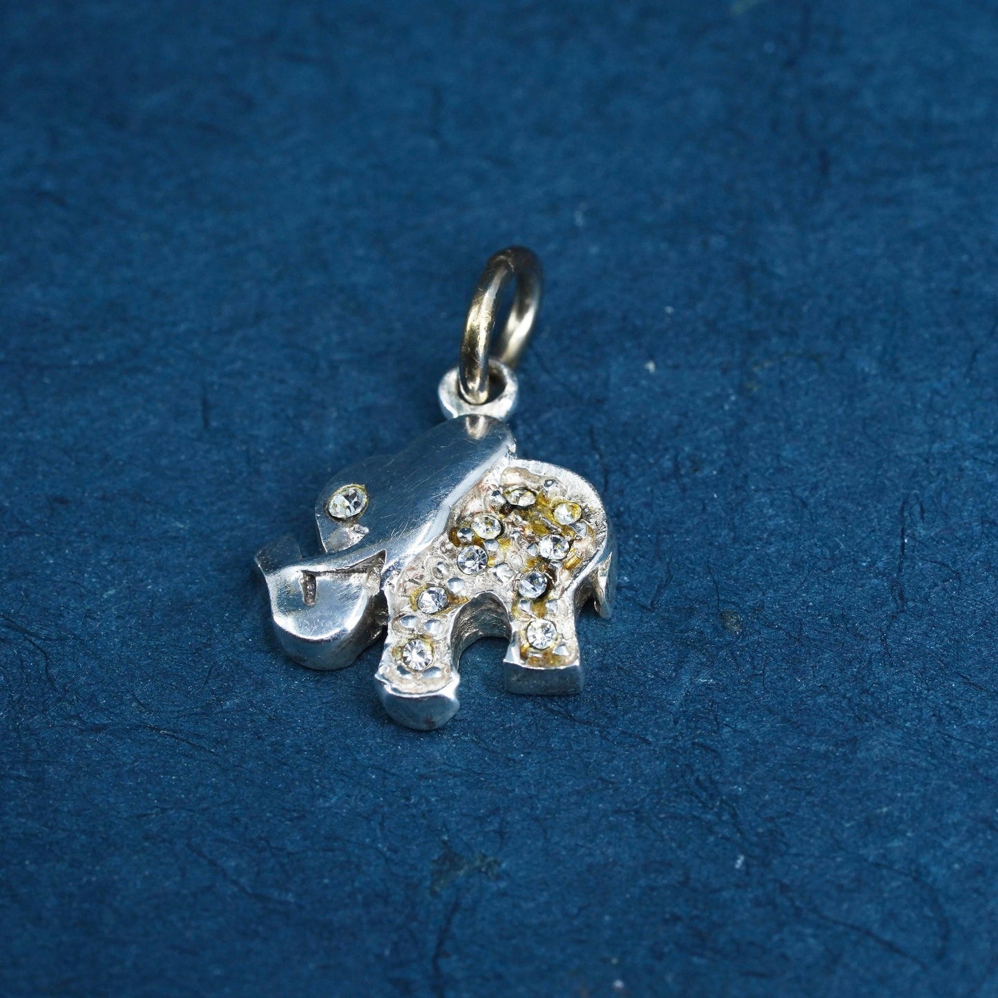 Vintage Sterling silver handmade pendant, 925 elephant charm with cz