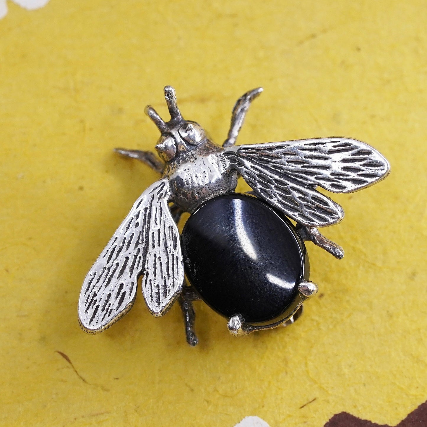 VTG handmade sterling silver brooch, Solid 925 silver bee marcasite obsidian