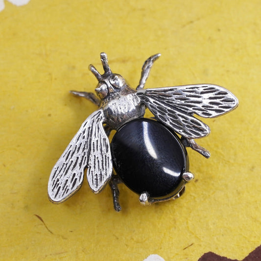 VTG handmade sterling silver brooch, Solid 925 silver bee marcasite obsidian