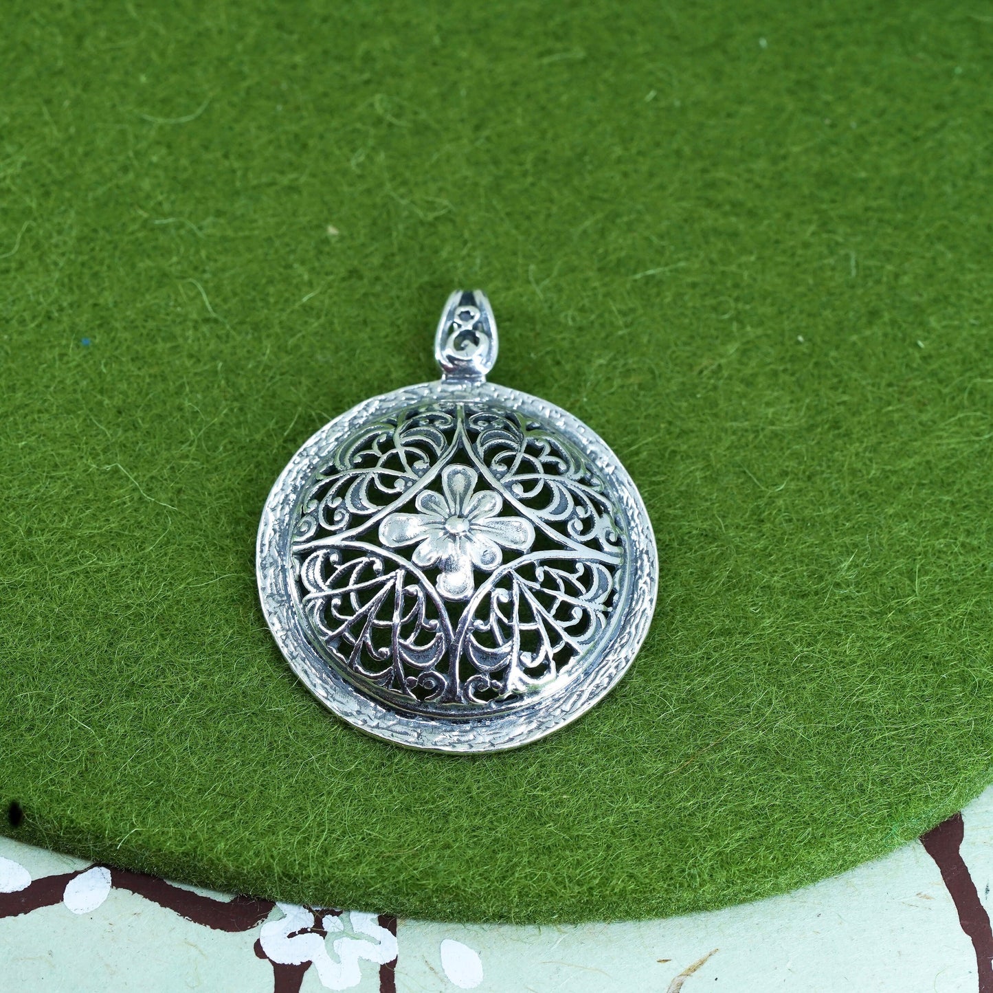 vtg Israel PAZ PZ Sterling 925 silver handmade filigree circle flower pendant