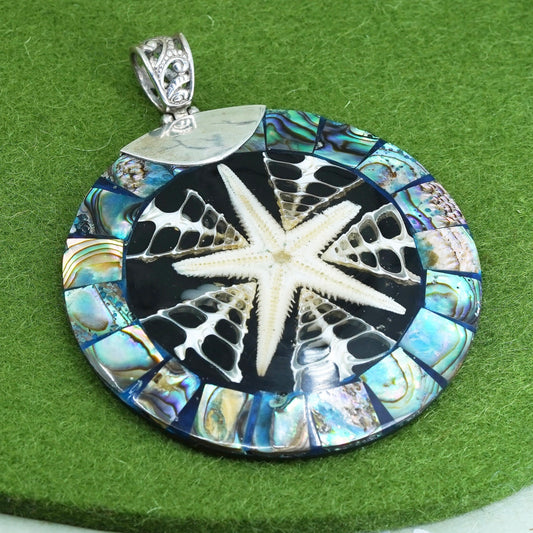 sterling silver 925 huge circle pendant with sand dollar fossil abalone inlay