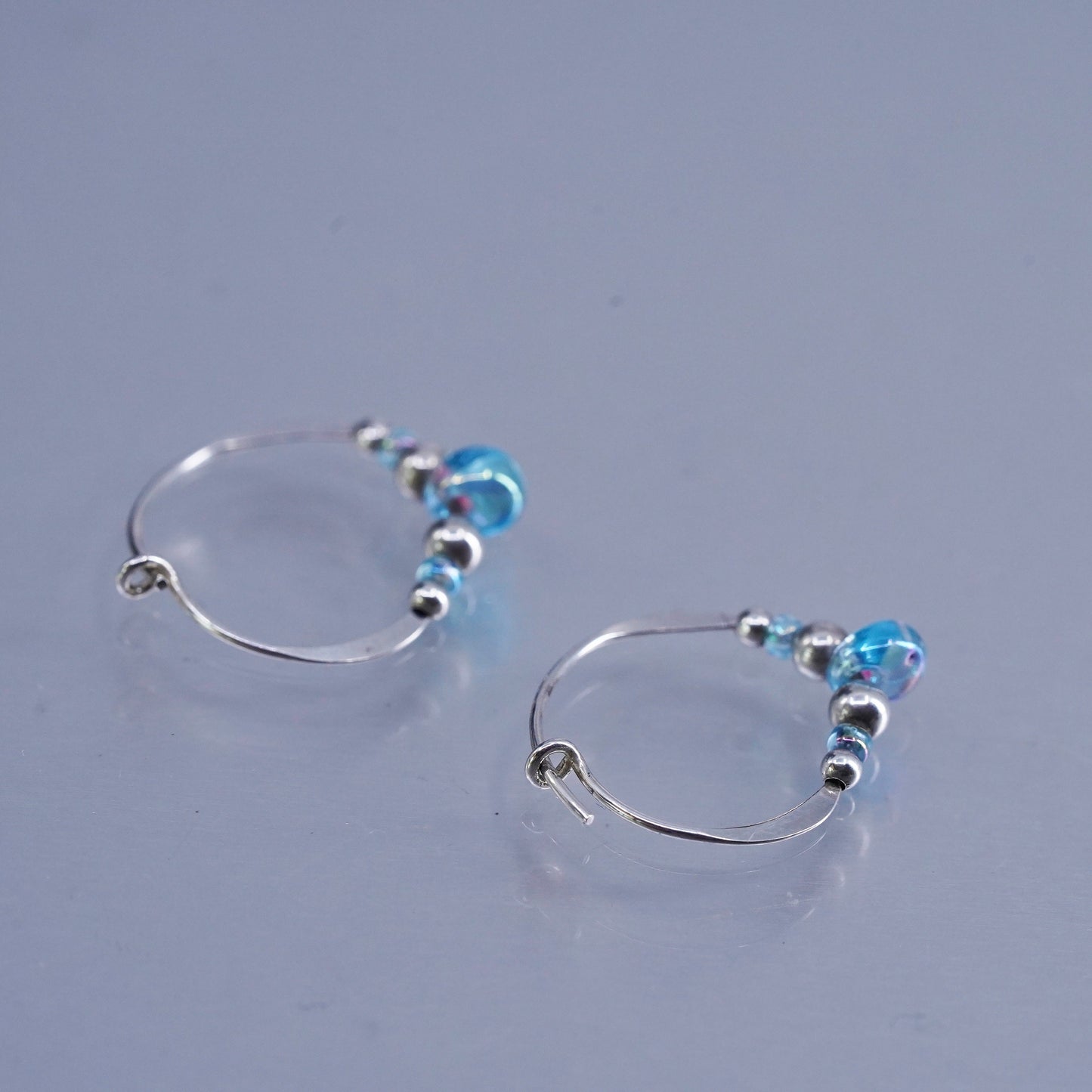 0.75”, Sterling silver handmade earrings, 925 hoops with blue glass beads