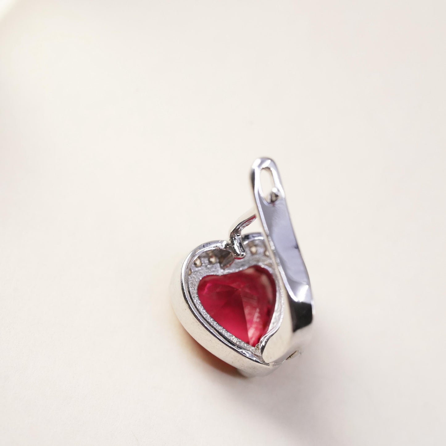 Vintage Sterling 925 silver handmade heart stud w/ ruby and cz, single earring