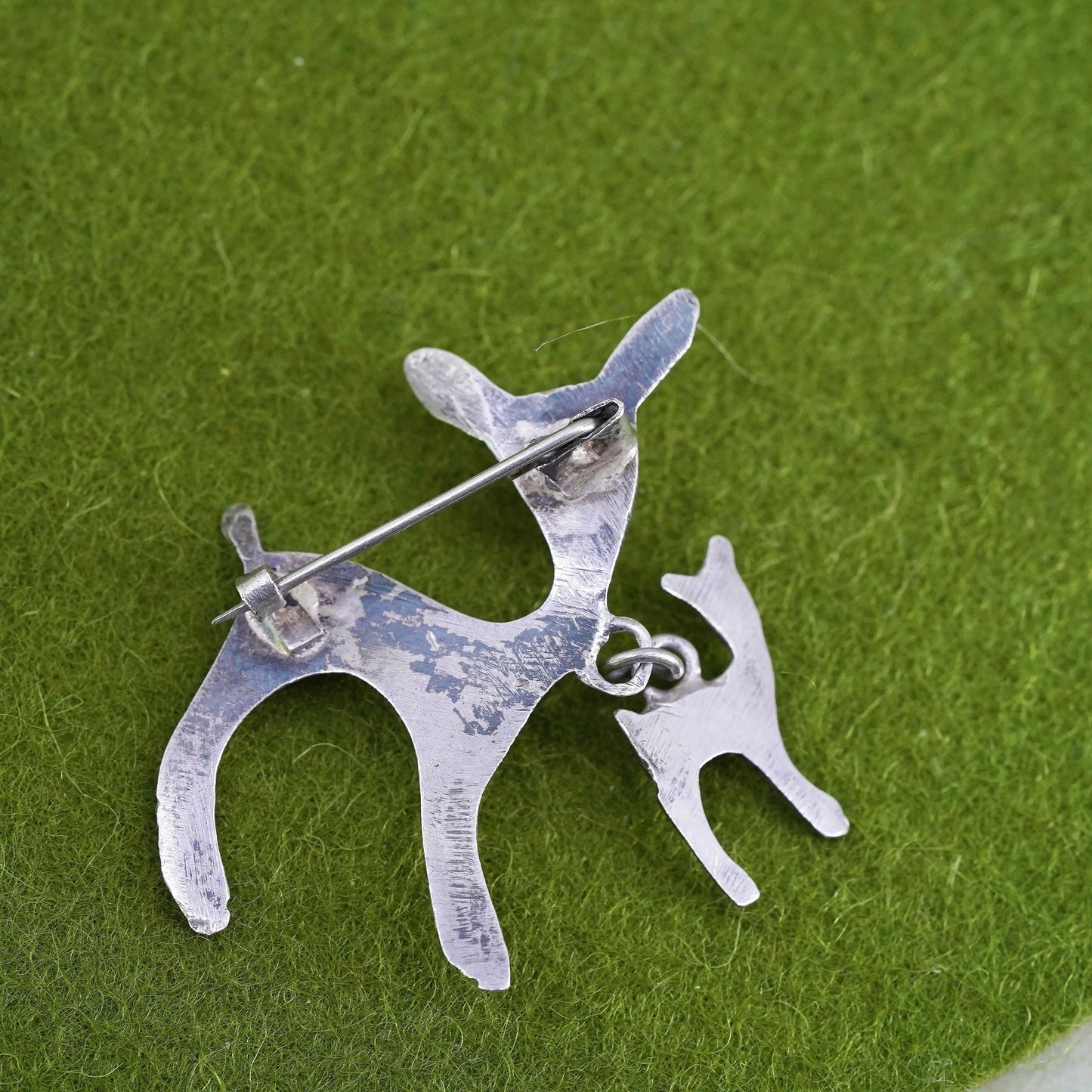 Vintage sterling silver handmade brooch, solid 925 silver deers, motherhood