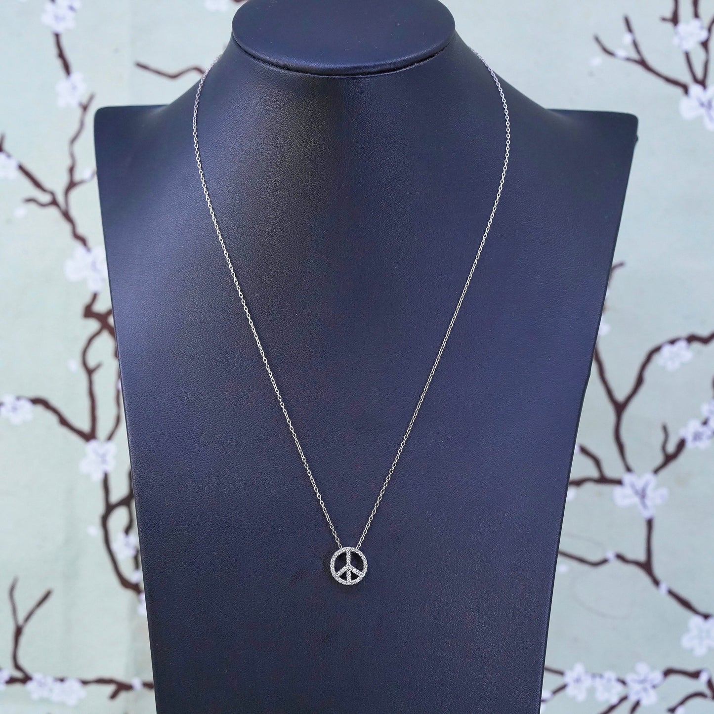 18", Sterling silver necklace, 925 circle chain peace CND symbol pendant and cz