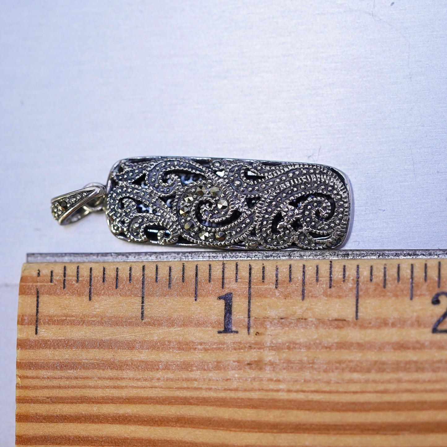 Sterling silver prayer box pendant, filigree 925 locket charm with Marcasite