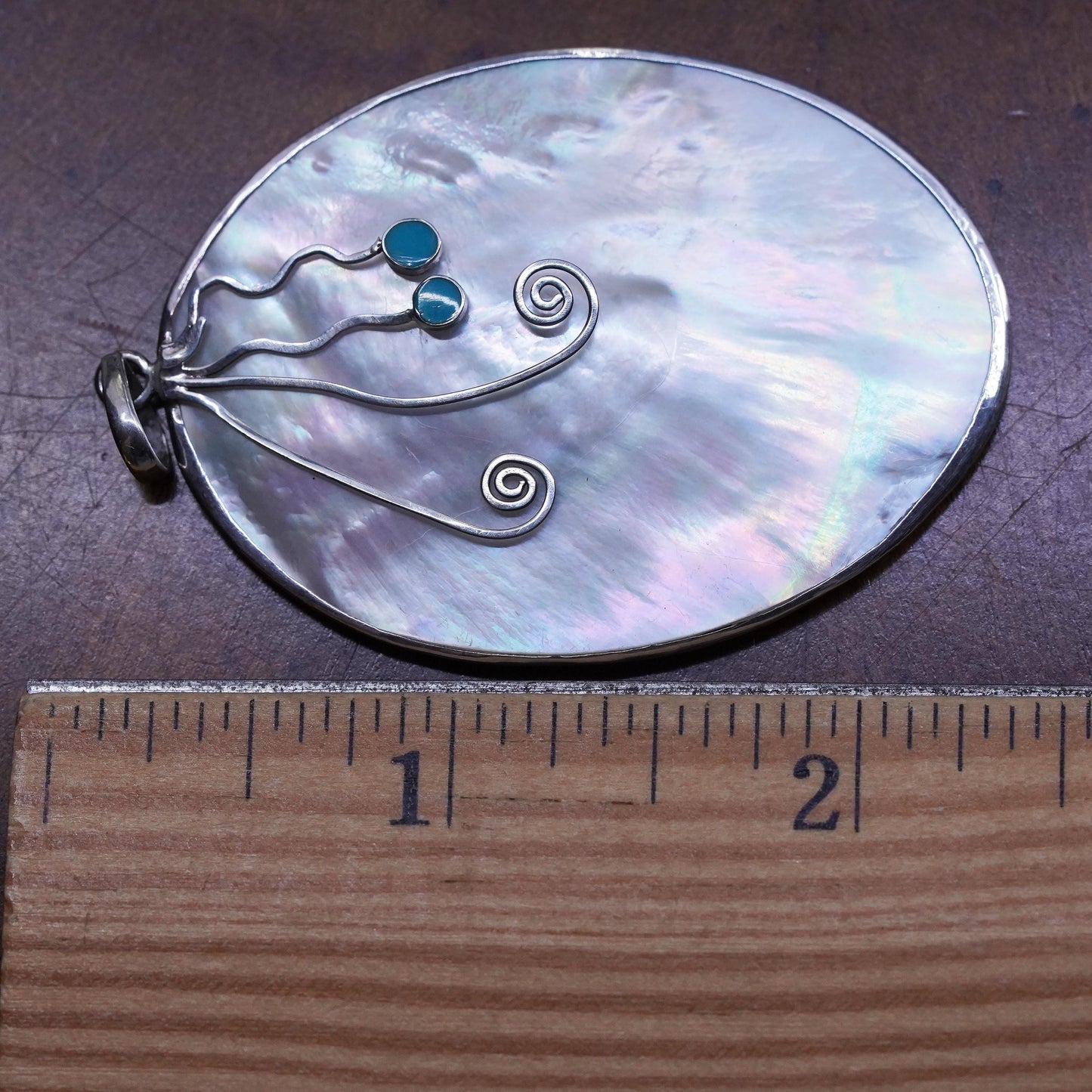 Vintage huge Sterling silver 925 pendant with oval mother of pearl turquoise