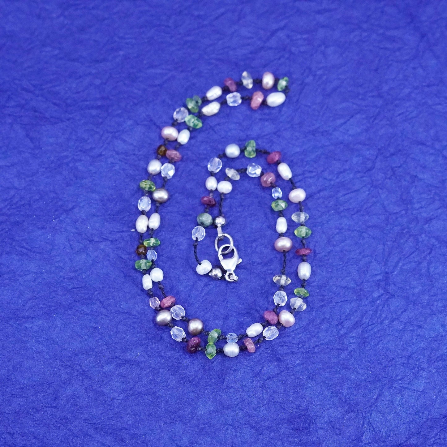 17”, Sterling silver 925 handmade Linen necklace pearl amethyst peridot beads