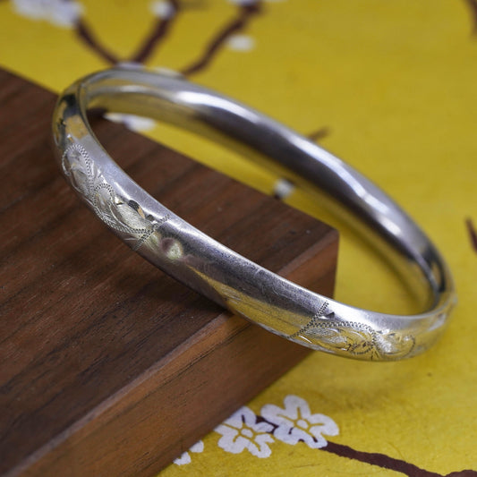 7.25", antique sterling silver handmade bracelet, textured 925 hinged bangle