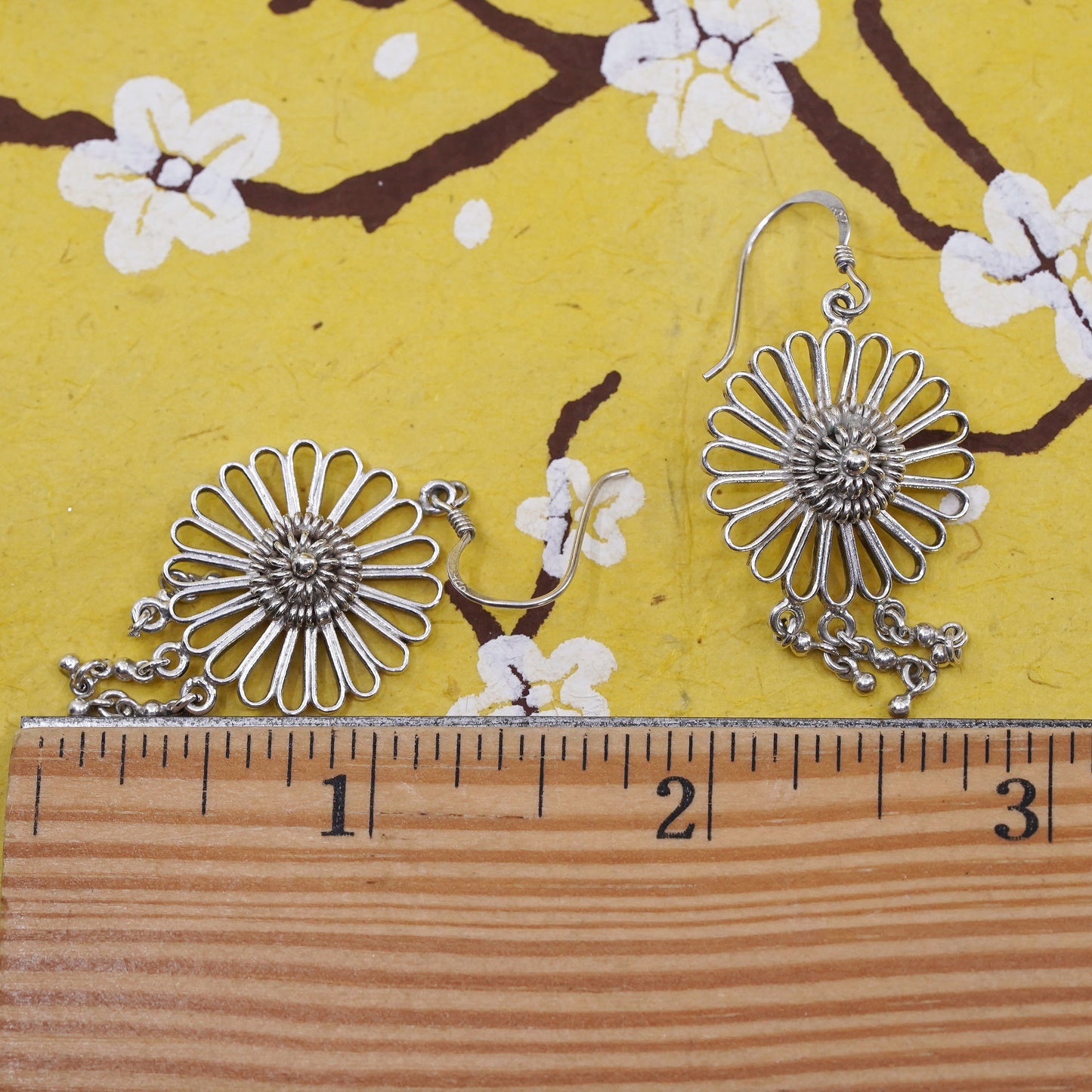 Vintage Sterling silver handmade earrings, 925 Filigree flower drops