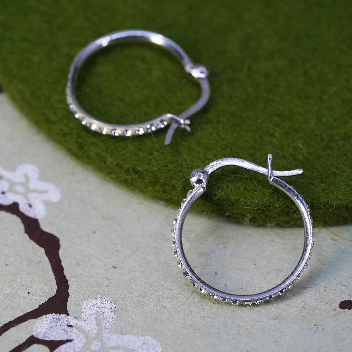 0.75”, Vintage sterling silver earrings, 925 silver hoops, Huggie cluster Cz