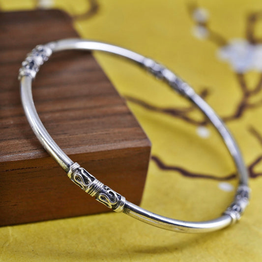 7.75”, Vintage Sterling silver handmade stackable bracelet, 925 Bali bangle